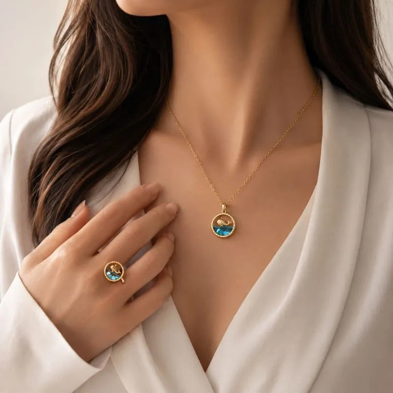 Set Colar + Anillo Ballena Azul Cristal