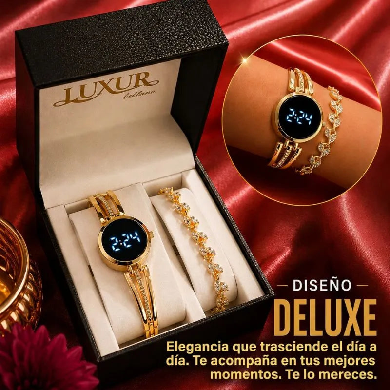 RELOJ LUXUR LED + PULSERA + ESTUCHE DAMA