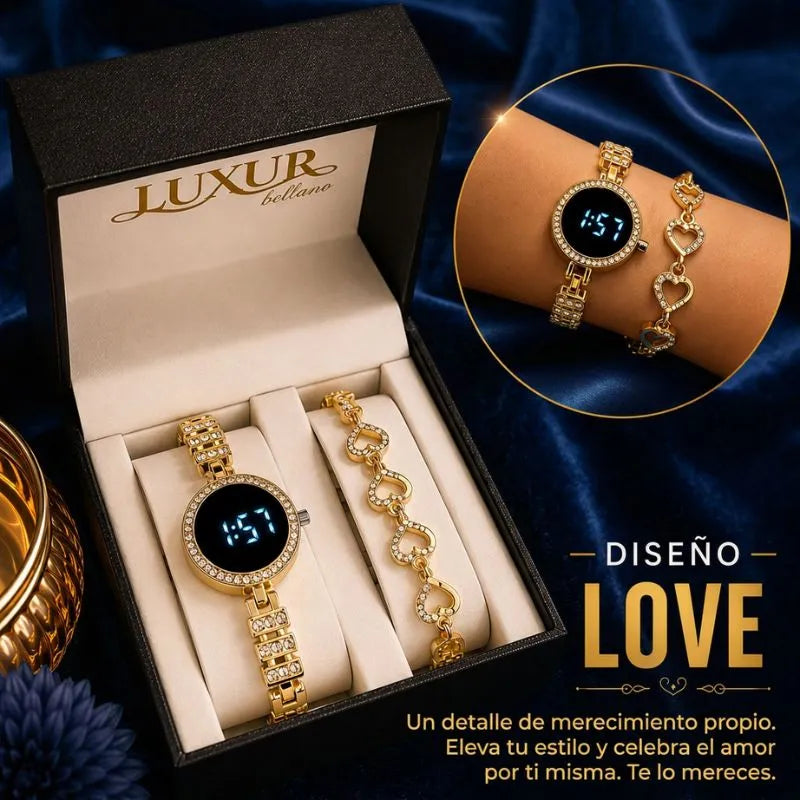 RELOJ LUXUR LED + PULSERA + ESTUCHE DAMA